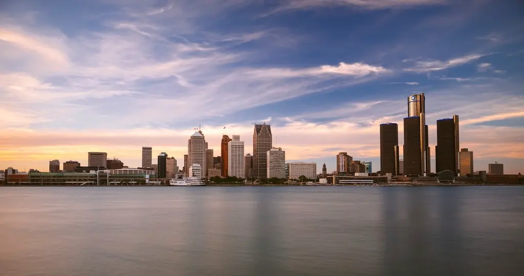 Detroit skyline across the river at sunset